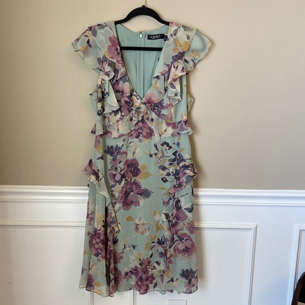 Lauren Ralph Lauren Mint Floral Ruffle Midi Dress NWT Size 10 Wedding Graduation - Picture 1 of 12